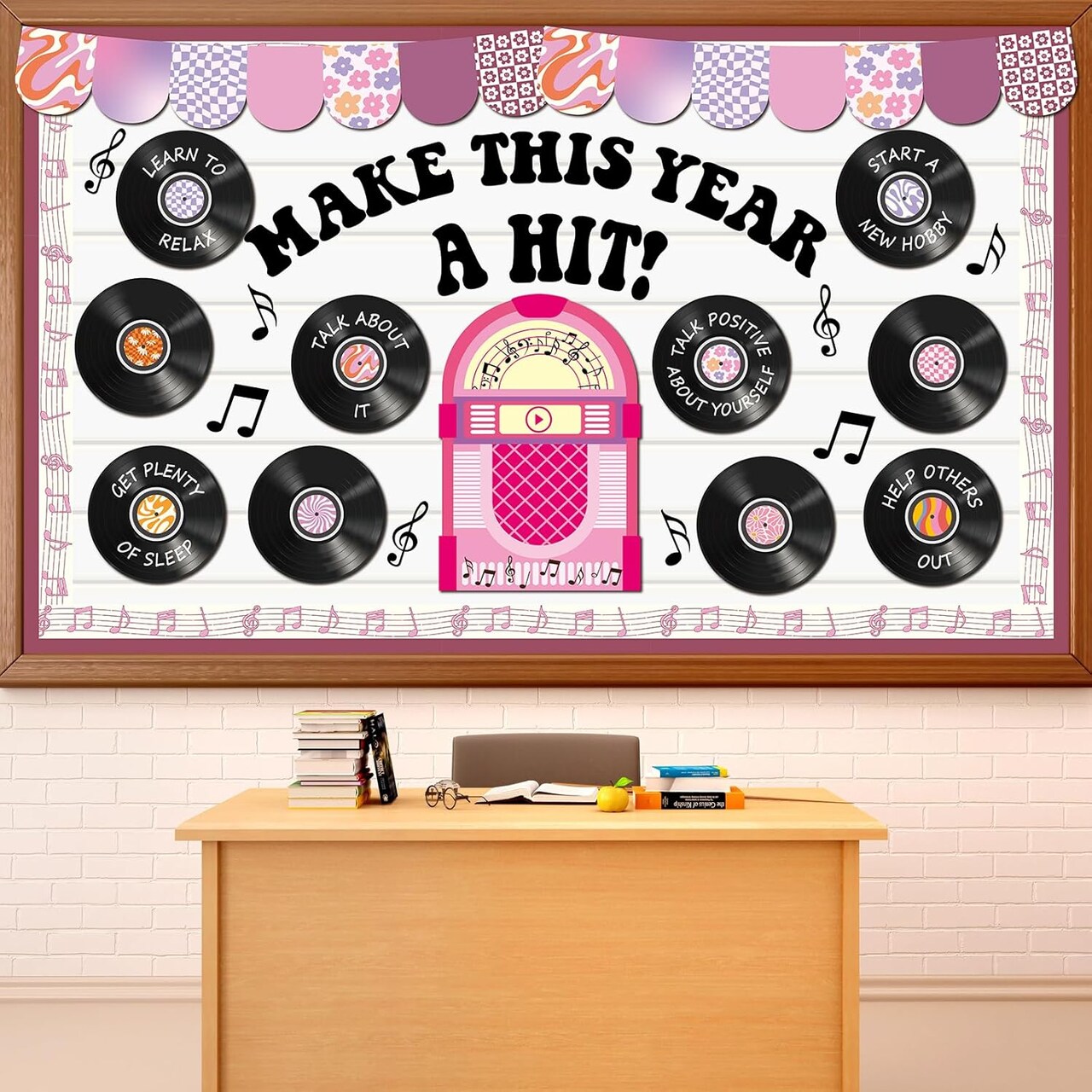 Vintage Record Bulletin Board Set - Retro Purple Music Theme Classroom Decor - 72 Pcs Make This Year A Hit Writable Cutouts & Record Player for Back to School, Nursery & Mental Health Wall Decor